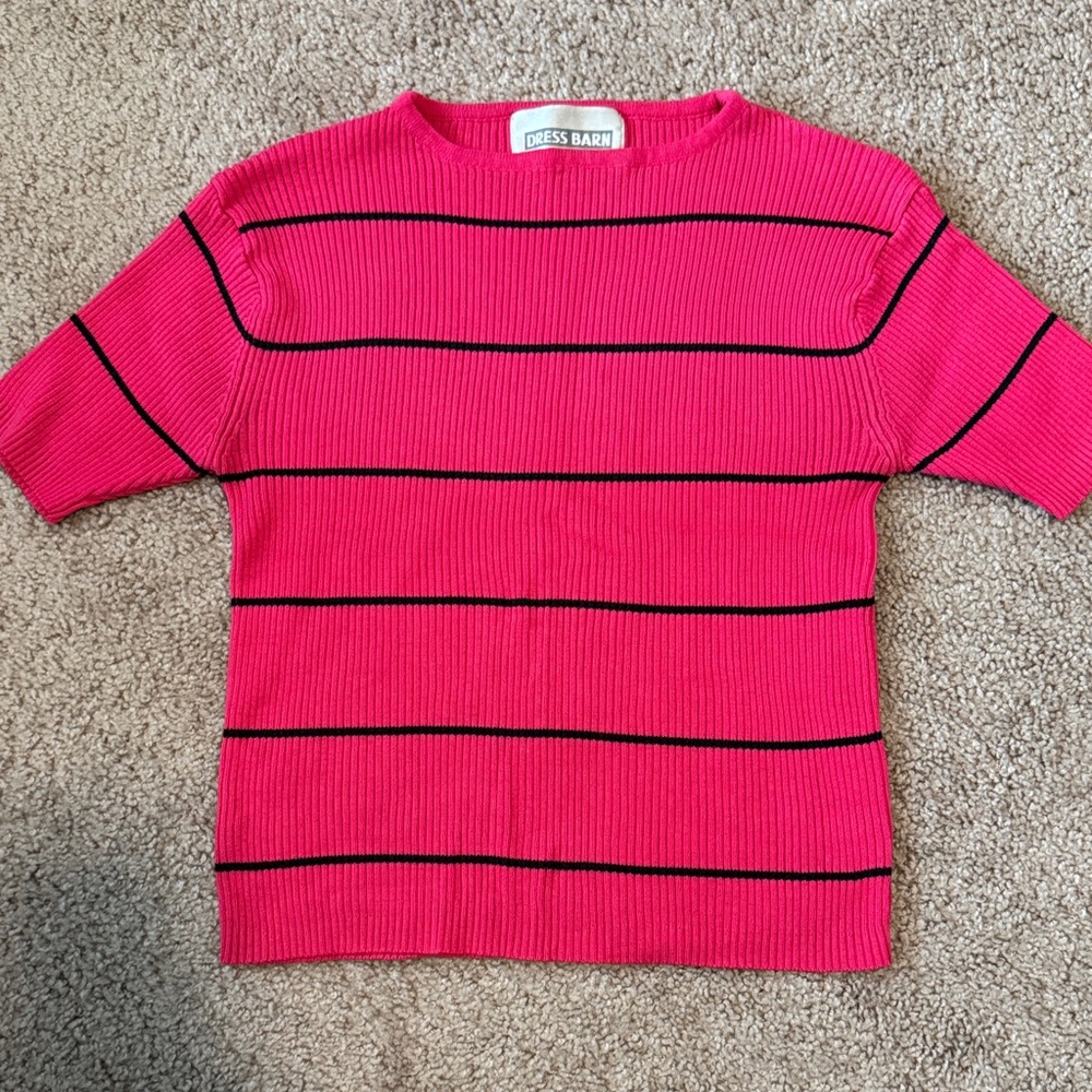Dress Barn Pink and Black Striped Short Sleeve Sweater